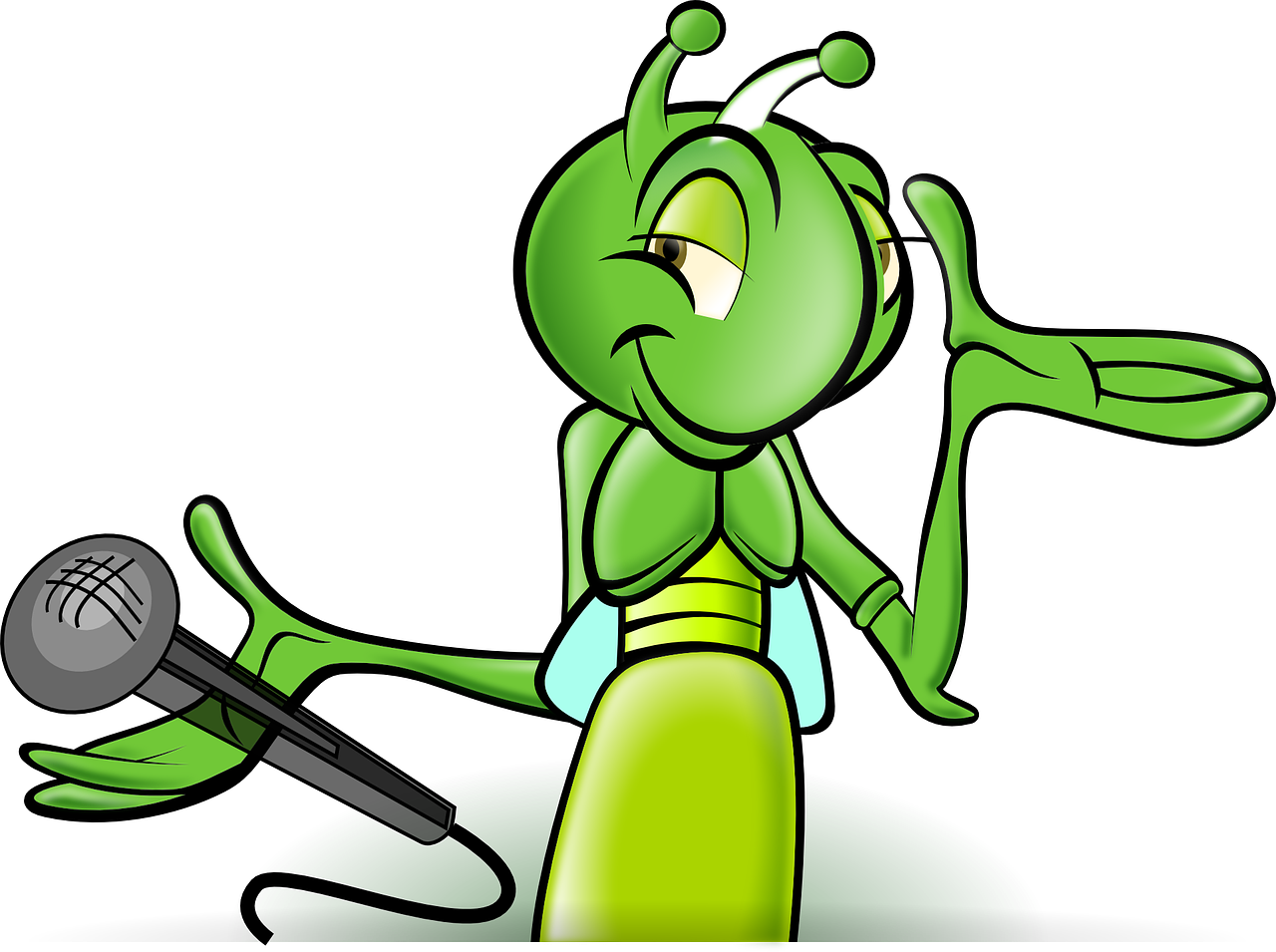 Grafik: Illustration einer grünen Ameise mit Mikrofon in der Hand