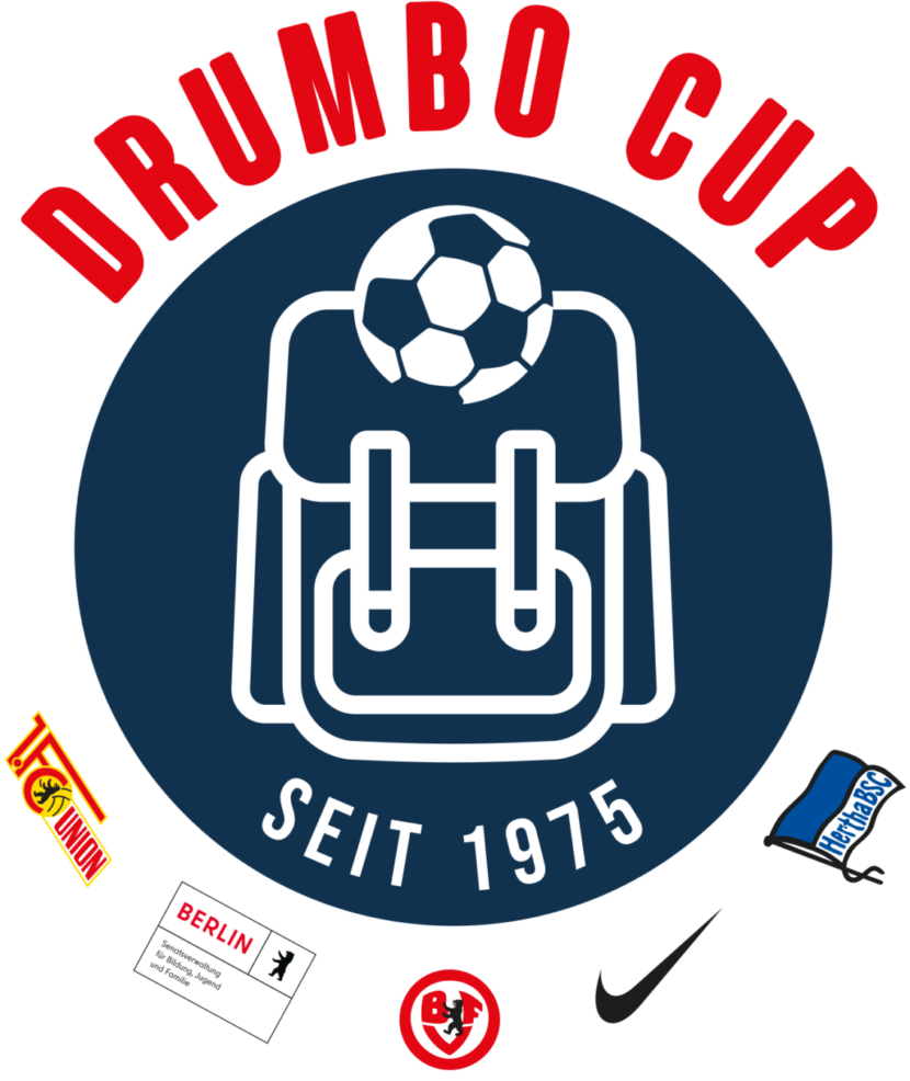 Grafik: Schriftzug DRUMBO CUP über schwarzem Keirs mit Grafik. Darunter Fussballlogos.